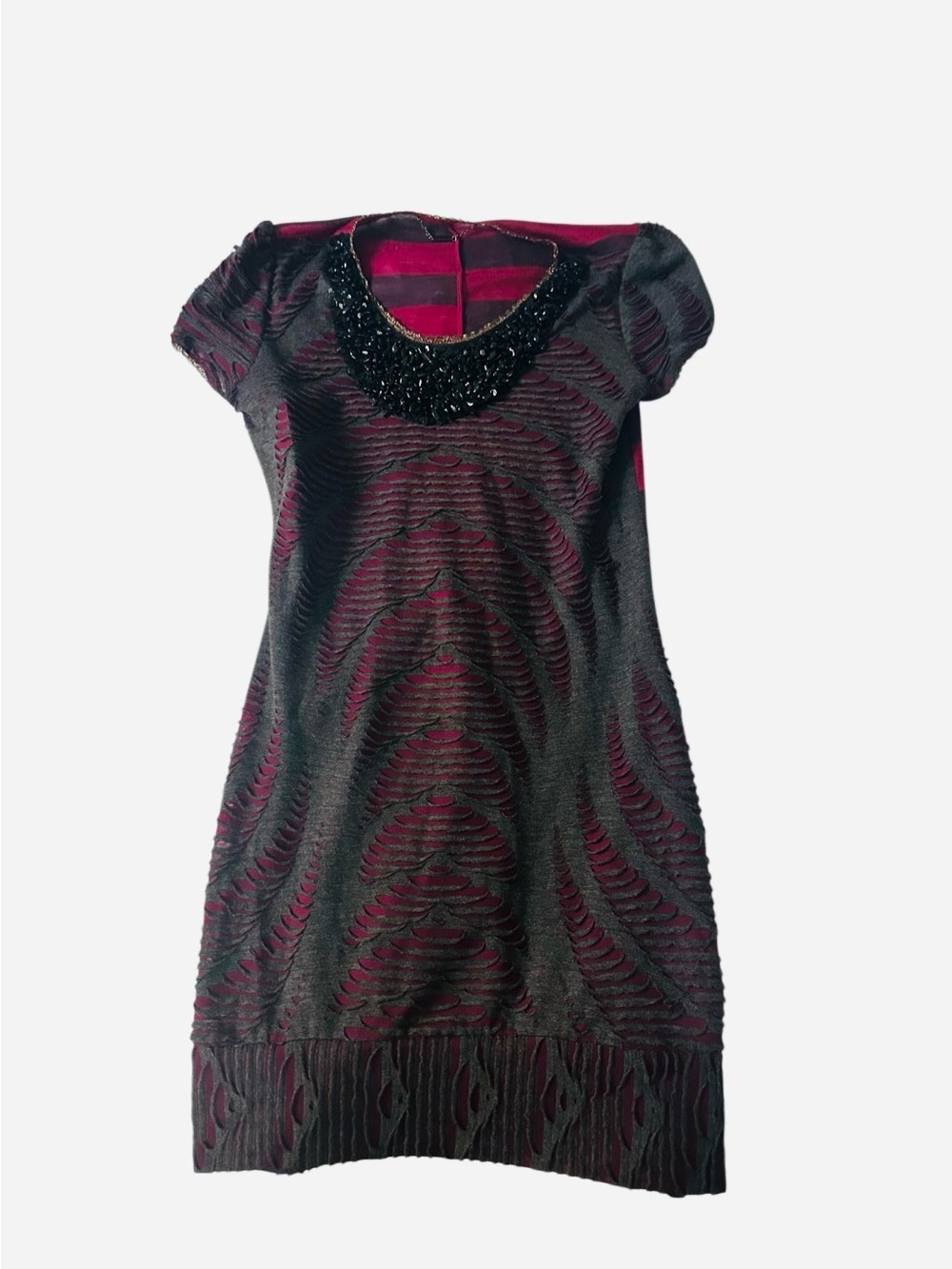 Custo Barcelona Black and Burgundy Beaded-Trim Mini Dress